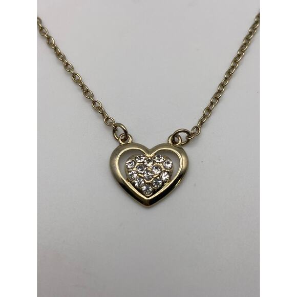 Gold Tone 2 Heart 1 Open 1 Rhinestone Classy Dainty Pendant Necklace - Picture 8 of 9